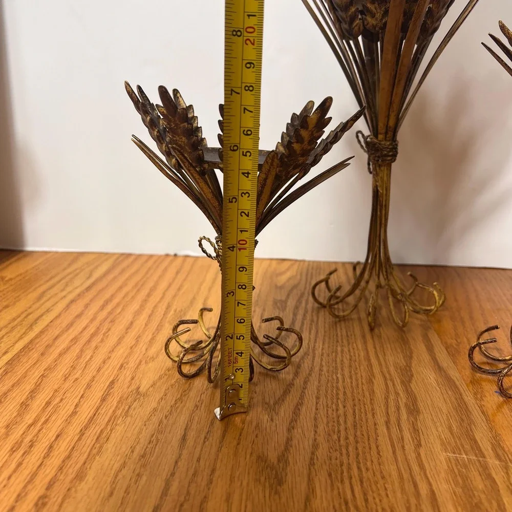 Vintage Wheat Sheaf Candle Holders Set of 3 Gold Metal Tole Hollywood Regency